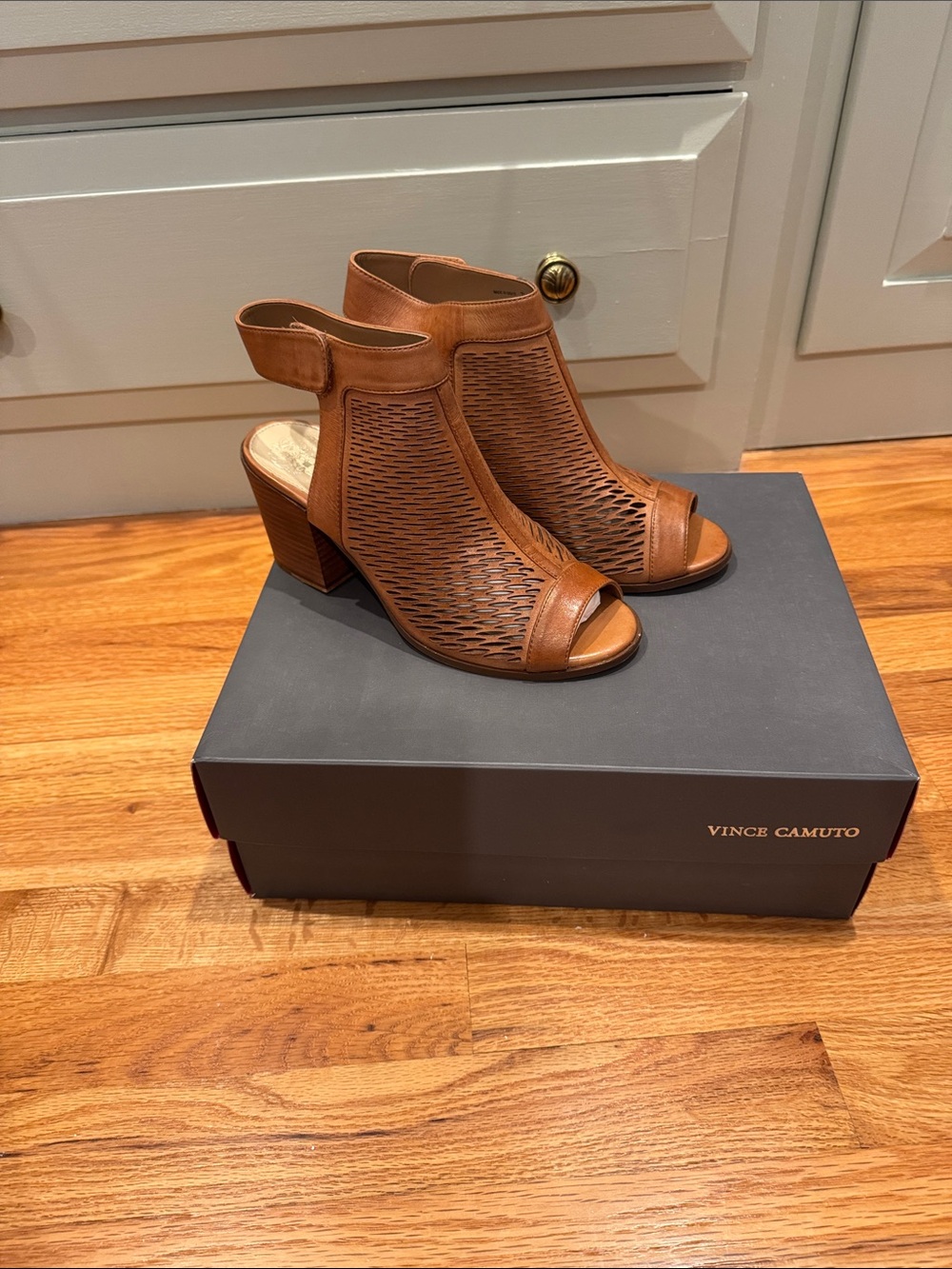 Vince Camuto Cognac Perforated Peep-Toe Block Heel Sandals